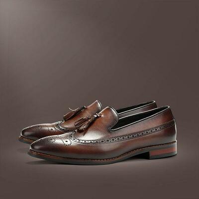 Handmade Men Wing Tip Brogue Brown & Black Leather Dress Formal Tussle Moccasins