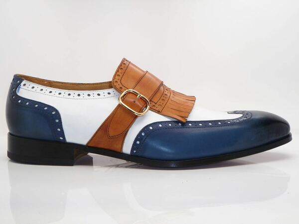 Handmade Men's Oxford Tassel Shoe, Blue White Leather Wing Tip Monk Strap Shoes