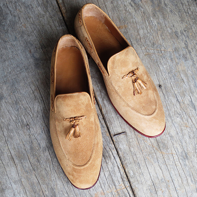 Handmade men's loafer shoes, men's beige suede tassels slips on loafer shoes