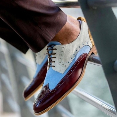 New men's handmade multi-color dress lace up leather suede shoes, wing tip shoes