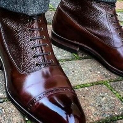 Men's handmade two tone wingtip cap toe boots leather boot, men ankle shoes - Thumbnail 2