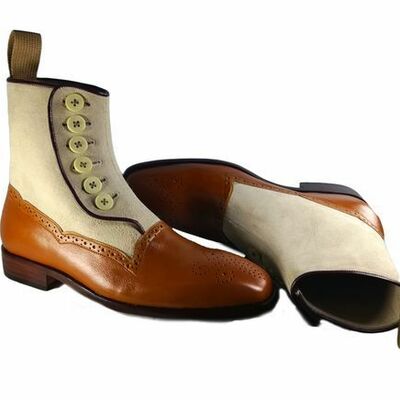 Brown beige two tone color genuine leather high ankle party wear button boots - Thumbnail 1