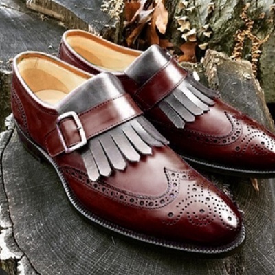 Burgundy gray monk single buckle strap wing tip fringed brogue toe leather shoes