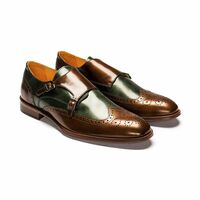 Patent Real Leather Two Tone Monk Double Buckle Strap Wing Tip Brogue Toe Shoes - Thumbnail 1