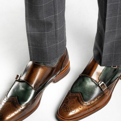 Patent real leather two tone monk double buckle strap wing tip brogue toe shoes