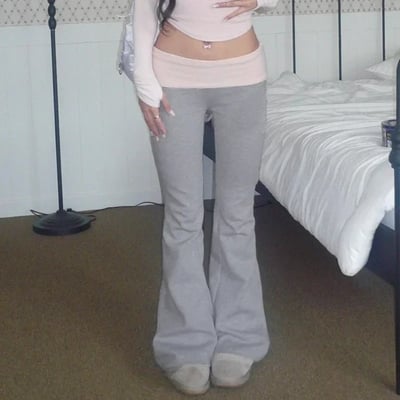 Grey & Pink Patchwork Flare Pants 