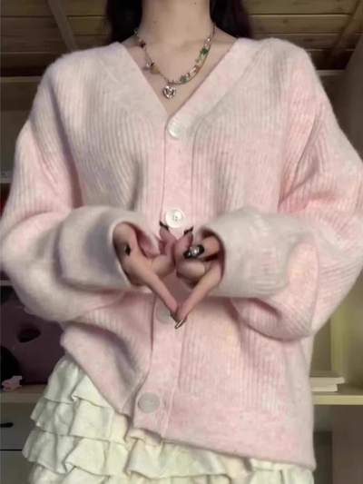 Pink V Neck Cardigan 