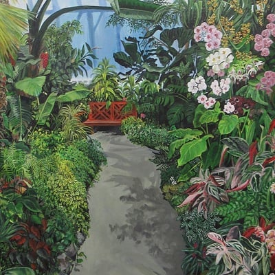 Greenhouse garden, original acrylic painting by n.e.thompson, artwork size 24x36 inches