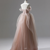 Pink Tulle Long Prom Dress, Off the Shoulder Evening Party Dress - Thumbnail 2