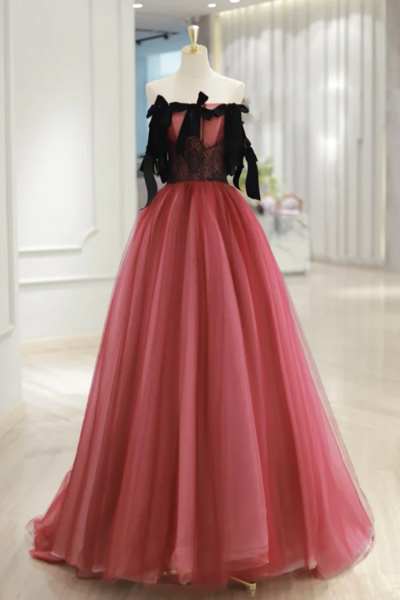A Line Tulle Watermelon Red Long Prom Dress, Watermelon Red Tulle Long Formal Dress KPP1783
