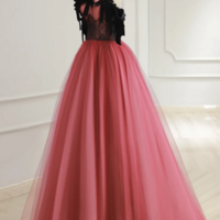 A Line Tulle Watermelon Red Long Prom Dress, Watermelon Red Tulle Long Formal Dress KPP1783 - Thumbnail 1