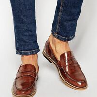 Men's Shiny Brown Color Penny Loafer Moccasin Casual Wear Genuine Leather Shoes - Thumbnail 1