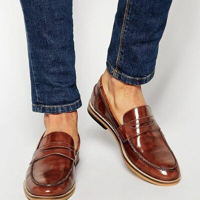 Men's shiny brown color penny loafer moccasin casual wear genuine leather shoes - Thumbnail 2