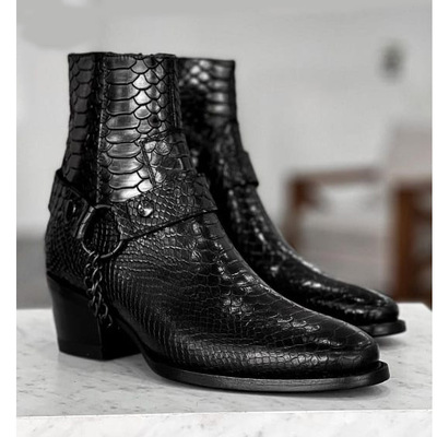 Ankle high black python leather boot wing madrid strap boot - Thumbnail 1