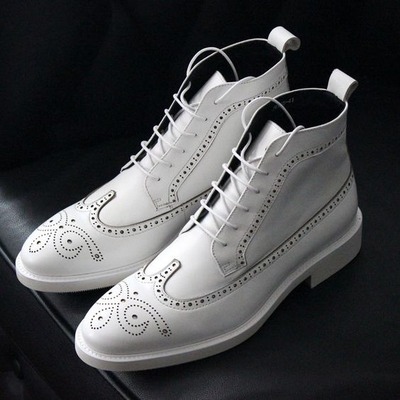 Handmade ankle high men's white leather lace up wing tip boots