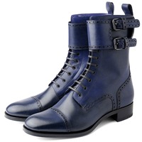 Men's Blue Leather Handmade Double Buckle Cap Toe Lace Up Ankle High Boots - Thumbnail 1