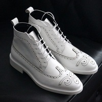 Handmade Ankle High Men's White Leather Lace Up Wing Tip Boots - Thumbnail 1
