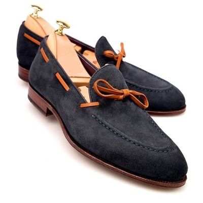 Handmade blue suede leather moccasin loafer slip ons apron toe vintage shoes - Thumbnail 1