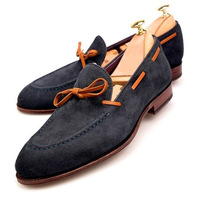 Handmade Blue Suede Leather Moccasin Loafer Slip Ons Apron Toe Vintage Shoes - Thumbnail 1