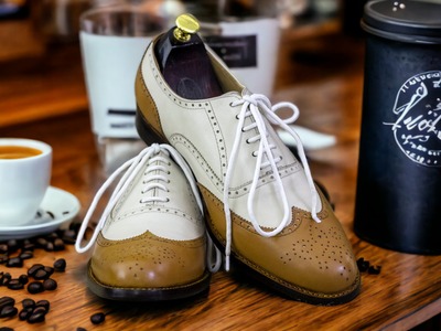 Handmade Men's Two Tone Leather Lace Up Wing Tip Dress Shoes