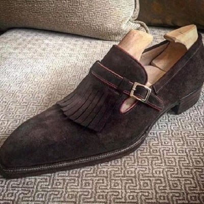 Handmade brown suede fringe singal monk buckle fashion shoes