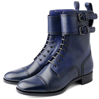 Men's Blue Leather Handmade Double Buckle Cap Toe Lace Up Ankle High Boots - Thumbnail 1