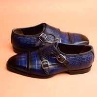 Handmade Blue Alligator Print Leather Double Buckle Cap Toe Men's Dress Shoes - Thumbnail 1