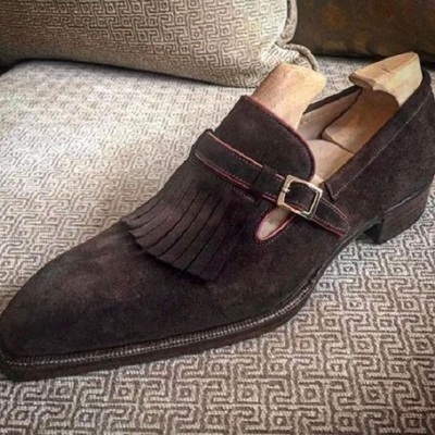 Handmade brown suede fringe singal monk buckle fashion shoes - Thumbnail 2