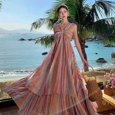 Boho rainbow stripe halter maxi dress