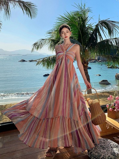 Boho Rainbow Stripe Halter Maxi Dress