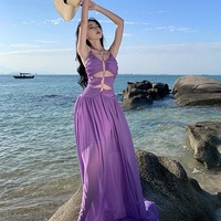Purple V-neck Drawstring Maxi Dress - Thumbnail 4