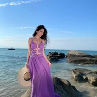 Purple V-neck Drawstring Maxi Dress - Thumbnail 3
