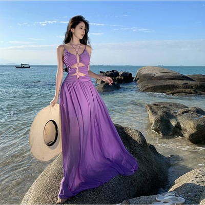 Purple V-neck Drawstring Maxi Dress