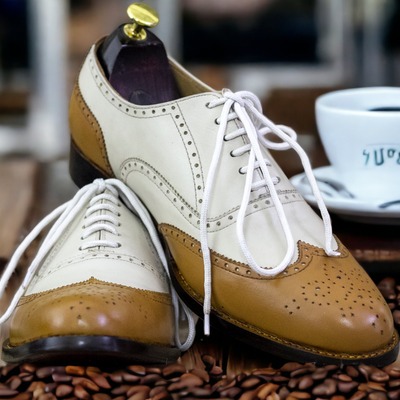 Handmade men's two tone leather lace up wing tip dress shoes - Thumbnail 4