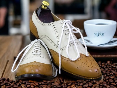 Handmade Men's Two Tone Leather Lace Up Wing Tip Dress Shoes