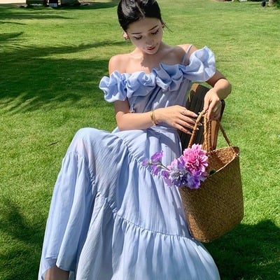 Light blue ruffle off shoulder maxi dress