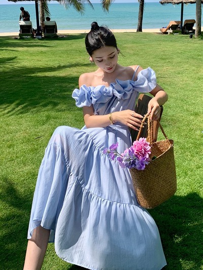 Light Blue Ruffle Off Shoulder Maxi Dress