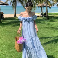 Light Blue Ruffle Off Shoulder Maxi Dress - Thumbnail 1