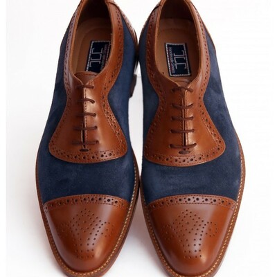Handmade men's two tone leather & suede lace up cap toe fashion shoes - Thumbnail 2