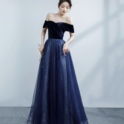 Blue velvet and tulle long prom dress, off the shoulder evening party dress