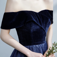 Blue Velvet and Tulle Long Prom Dress, Off the Shoulder Evening Party Dress - Thumbnail 1