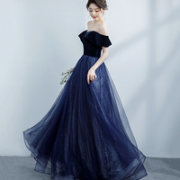 Blue Velvet and Tulle Long Prom Dress, Off the Shoulder Evening Party Dress - Thumbnail 2