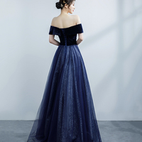 Blue Velvet and Tulle Long Prom Dress, Off the Shoulder Evening Party Dress - Thumbnail 3