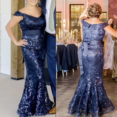 Navy blue prom dresses with lace off v neck