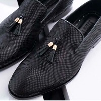 Men's Black Python Leather Handmade Tassel Slip On Loafer Shoes - Thumbnail 1
