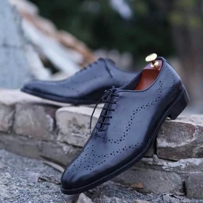Handmade men's black leather lace up brogue toe dress shoes - Thumbnail 2