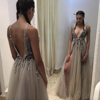 Sparkly V Neck Prom Dresses Slit Side - Thumbnail 1