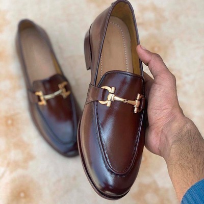 Brown fashion handmade men's leather horse bit slip on loafer shoes - Thumbnail 3