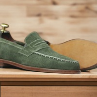 Men's Green Penny Loafer Handmade Suede Fashion Shoes - Thumbnail 1