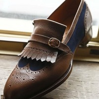 Handmade Men's Leather & Suede Wing Tip Brogue Toe Two Tone Fringe Buckle Loafer Shoes - Thumbnail 1